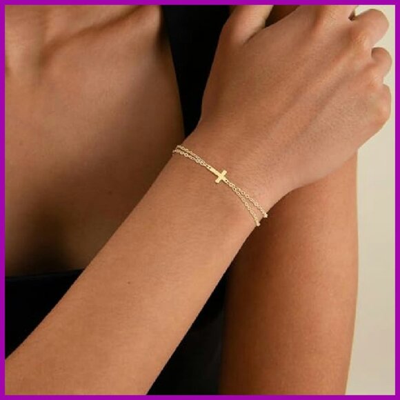 Dainty Cross Bracelet Stack, 14K Gold Plated, Adjustable 6.7"+2" Chain - Picture 4 of 7